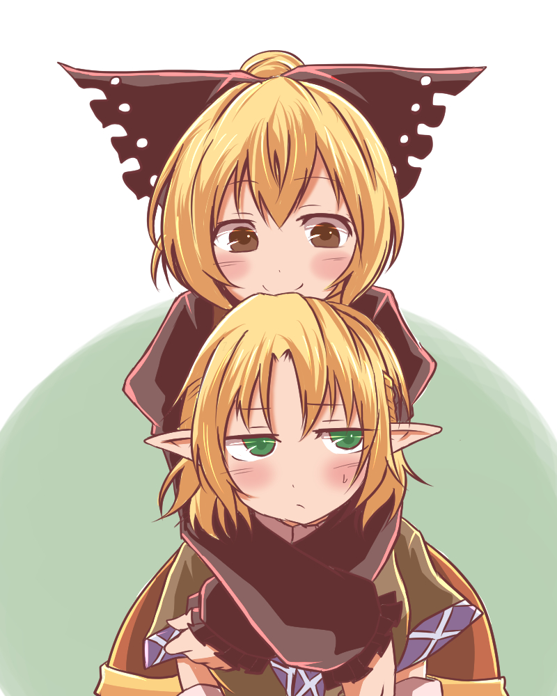 2girls black_bow black_shirt blonde_hair blush bow brown_dress brown_eyes closed_mouth commentary_request dress green_background green_eyes hair_bow hug hug_from_behind jitome kurodani_yamame long_sleeves mizuhashi_parsee multiple_girls pointy_ears shirt short_hair smile sweatdrop touhou upper_body white_background yasui_nori