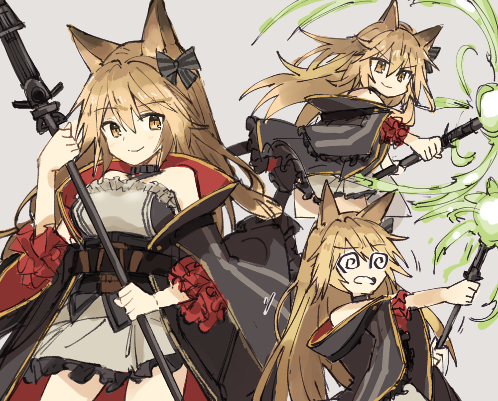 1girl :o @_@ animal_ears arknights bangs bare_shoulders black_coat blonde_hair breeze_(arknights) cat_ears coat dress energy_ball exion_(neon) grey_background grey_dress hair_between_eyes hair_ribbon holding holding_wand long_hair looking_at_viewer open_mouth ribbon simple_background sleeveless sleeveless_dress solo v-shaped_eyebrows wand yellow_eyes