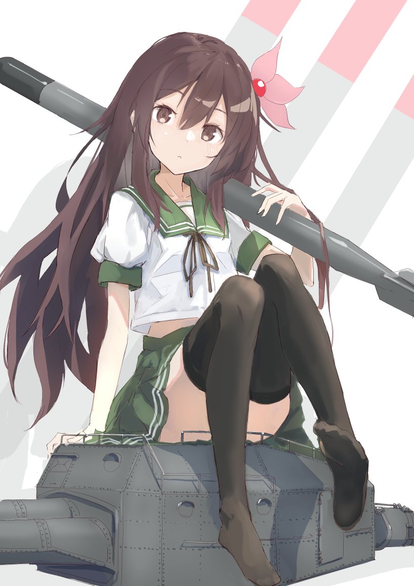 1girl black_legwear blush brown_eyes brown_hair chamu_(chammkue) closed_mouth collarbone eyebrows_visible_through_hair green_skirt hair_between_eyes hair_ornament holding holding_torpedo kantai_collection kisaragi_(kancolle) long_hair machinery pleated_skirt red_neckwear school_uniform serafuku short_sleeves skirt solo thigh-highs torpedo