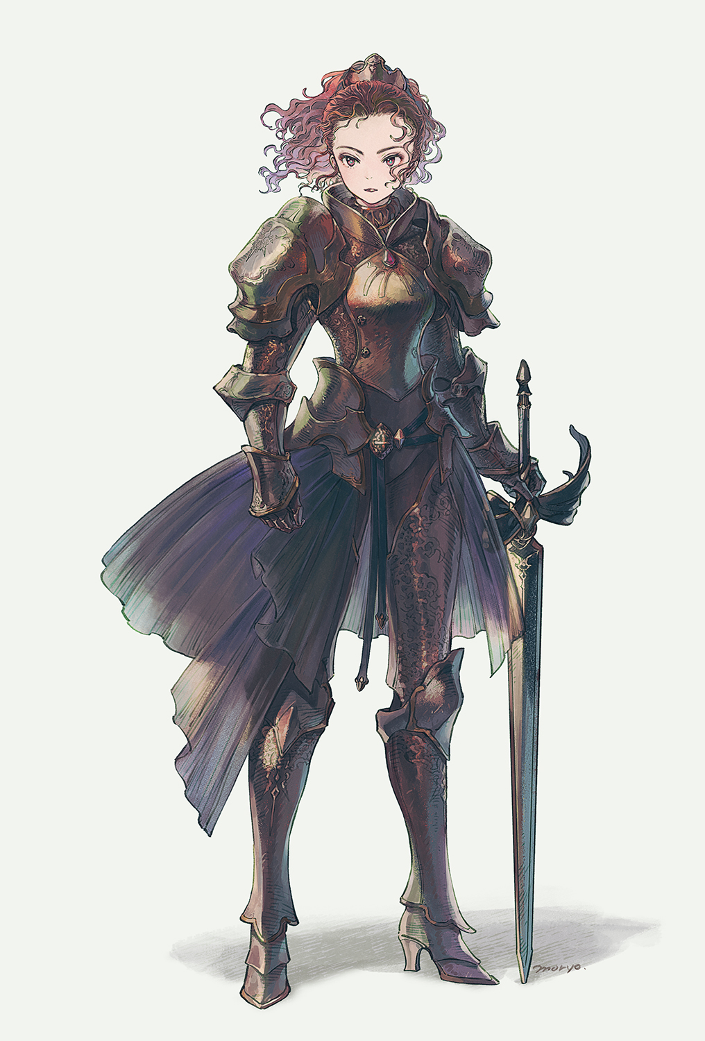 1girl armor armored_boots boots breastplate brown_eyes brown_hair faulds full_body gauntlets high_heels highres holding holding_sword holding_weapon looking_at_viewer moryo original planted planted_sword plate_armor ponytail shoulder_armor solo standing sword waist_cape weapon