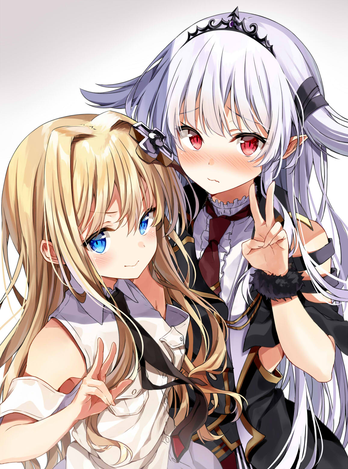 2girls bangs black_dress black_headwear black_neckwear black_ribbon blonde_hair blue_eyes blush bracelet center_frills closed_mouth clothing_cutout dress eyebrows_visible_through_hair frills fur gradient gradient_background grey_background hair_flaps hair_ornament hair_ribbon highres jewelry kakao_rantan kisaragi_alice long_hair looking_at_viewer multiple_girls necktie open_clothes open_dress plus_sign red_eyes red_neckwear ribbon screw sentouin_hakenshimasu! shoulder_cutout silver_hair smile tiara upper_body v v-shaped_eyebrows viper_(sentouin_hakenshimasu!) white_background white_dress