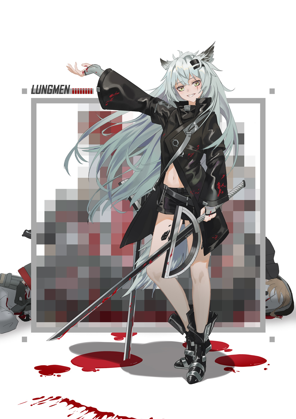 1girl :d alset animal_ears arknights bangs black_coat black_footwear black_shorts blood blood_on_clothes blood_on_hands blood_on_weapon boots censored clothing_cutout coat corpse fingerless_gloves full_body gloves grin hair_between_eyes hair_ornament hairpin highres holding holding_sword holding_weapon lappland_(arknights) long_hair long_sleeves looking_at_viewer mosaic_censoring navel navel_cutout open_mouth outstretched_arm scar scar_across_eye shorts simple_background smile solo standing sword tail teeth weapon white_background white_gloves white_hair wolf_ears wolf_girl wolf_tail yellow_eyes