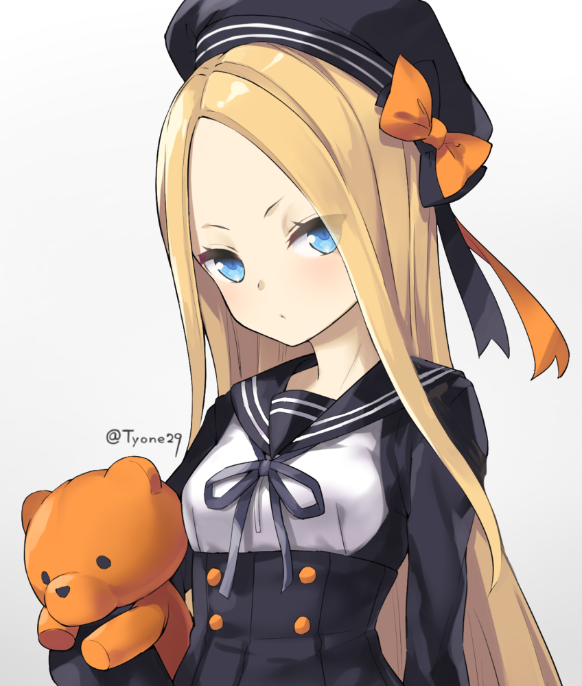 1girl abigail_williams_(fate) bangs beret black_bow black_dress black_headwear blonde_hair blue_eyes blush bow breasts buttons dress fate/grand_order fate_(series) forehead hair_bow hat long_hair long_sleeves looking_at_viewer multiple_bows orange_bow parted_bangs sailor_collar sidelocks small_breasts stuffed_animal stuffed_toy teddy_bear tyone underbust