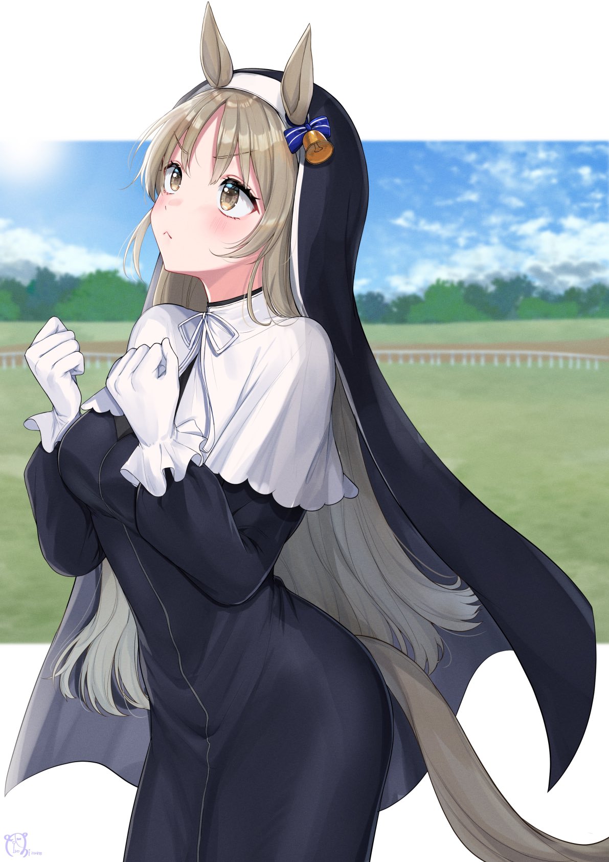 1girl animal_ears bangs bell black_dress blush bow capelet clenched_hands dress eyebrows_visible_through_hair eyelashes gloves habit highres horse_ears horse_girl horse_tail light_brown_eyes light_brown_hair looking_up mizuiro_32 nijisanji nun parted_bangs ribbon signature sister_cleaire sky solo tail umamusume virtual_youtuber white_background white_capelet white_gloves white_ribbon