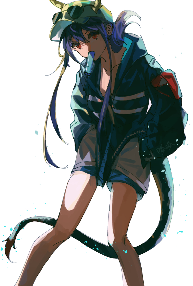 1girl arknights bare_legs baseball_cap blue_hair blue_headwear blue_jacket blue_shorts ch'en_(arknights) ch'en_the_holungday_(arknights) collarbone commentary_request dragon_horns dragon_tail eyewear_on_headwear feet_out_of_frame food food_in_mouth guagua_shijie hands_in_pockets hat horns horns_through_headwear jacket long_hair long_sleeves looking_at_viewer official_alternate_costume ponytail popsicle red_eyes shorts sidelocks simple_background solo sunglasses tail water_drop white_background
