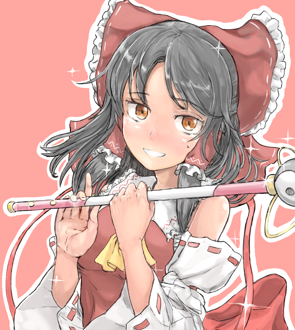 1girl ascot bangs black_hair blush bow breasts brown_eyes commentary_request cookie_(touhou) detached_sleeves eyebrows_visible_through_hair frilled_bow frilled_hair_tubes frilled_shirt_collar frills grin hair_bow hair_tubes hakurei_reimu holding holding_wand looking_at_viewer medium_breasts medium_hair pink_background red_bow red_shirt ribbon-trimmed_sleeves ribbon_trim sananana_(cookie) sarashi shirt sidelocks simple_background sleeveless sleeveless_shirt smile solo sparkle touhou upper_body wand white_sleeves yellow_neckwear yin_yang yma