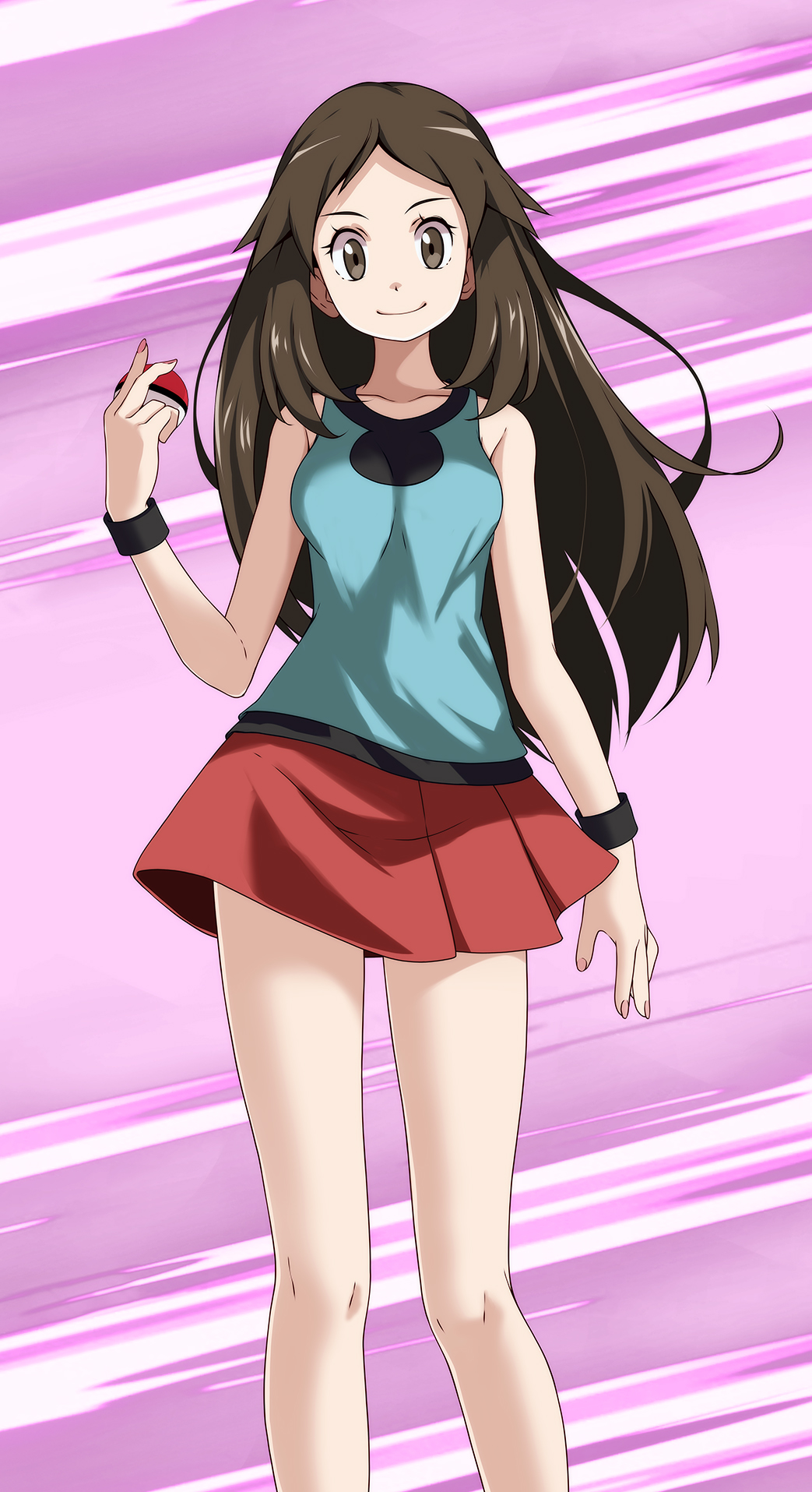 1girl blue_shirt brown_hair closed_mouth fingernails highres holding holding_poke_ball leaf_(pokemon) long_hair looking_at_viewer nail_polish no_hat no_headwear pink_background poke_ball poke_ball_(basic) pokemon pokemon_(game) pokemon_frlg red_nails red_skirt shirt skirt sleeveless sleeveless_shirt smile solo standing tsukishiro_saika