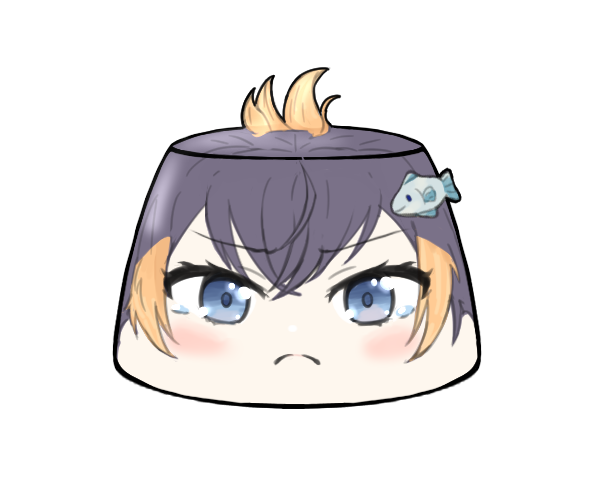 1girl black_hair blonde_hair blue_eyes blush closed_mouth fish_hair_ornament food foodification hair_ornament looking_at_viewer multicolored_hair nijisanji nijisanji_en petra_gurin psychooorb pudding simple_background smile solo tears transparent_background two-tone_hair virtual_youtuber