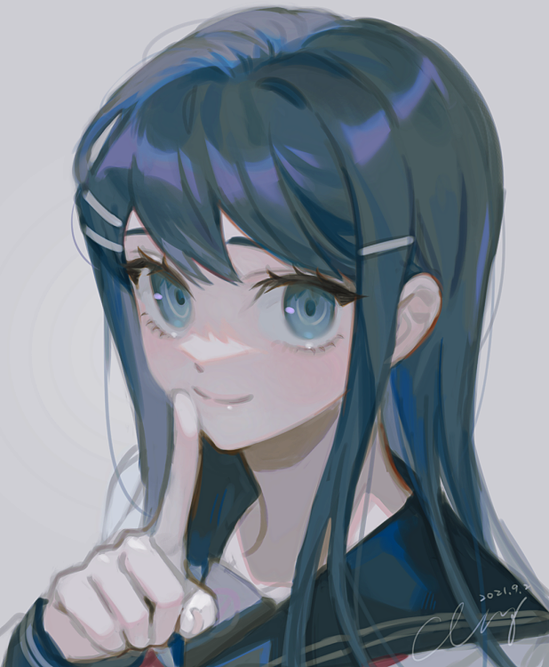 1girl bangs black_sailor_collar blue_eyes blue_hair commentary_request dangan_ronpa:_trigger_happy_havoc dangan_ronpa_(series) dated finger_to_mouth grey_background hair_ornament hairclip hand_up index_finger_raised long_hair long_sleeves looking_at_viewer maizono_sayaka miying_(ho_ru03_15) sailor_collar school_uniform shiny shiny_hair signature simple_background smile solo