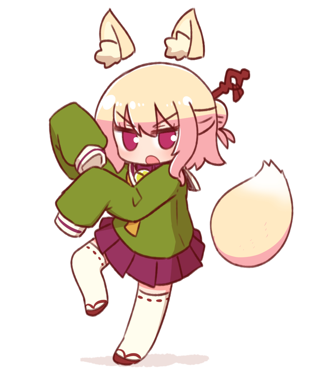 1girl animal_ear_fluff animal_ears bangs bell blonde_hair blush collar commentary detached_ears detached_tail eyebrows_visible_through_hair floating fox_ears fox_girl fox_tail green_shirt hair_between_eyes hair_bun hair_ornament hair_stick hands_up highres jingle_bell kemomimi-chan_(naga_u) long_hair looking_at_viewer naga_u neckerchief open_mouth original pleated_skirt red_collar red_eyes red_footwear red_skirt sailor_collar shirt sidelocks simple_background skirt sleeves_past_fingers sleeves_past_wrists solo standing standing_on_one_leg tail thigh-highs v-shaped_eyebrows white_background white_legwear white_sailor_collar yellow_neckwear zettai_ryouiki zouri