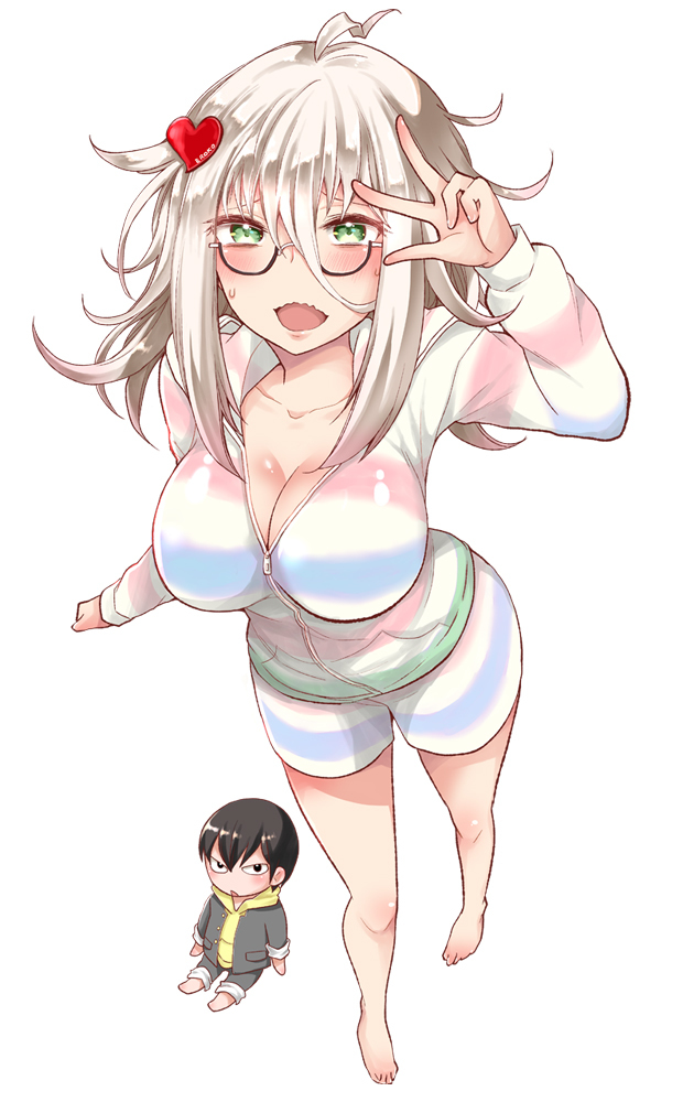 1girl ahoge arm_up bare_legs breasts glasses green_eyes hood hoodie hoshi_natsuki large_breasts long_hair looking_at_viewer shindou_eruko shingeki_no_eroko-san shorts shy silver_hair simple_background toy ubizo