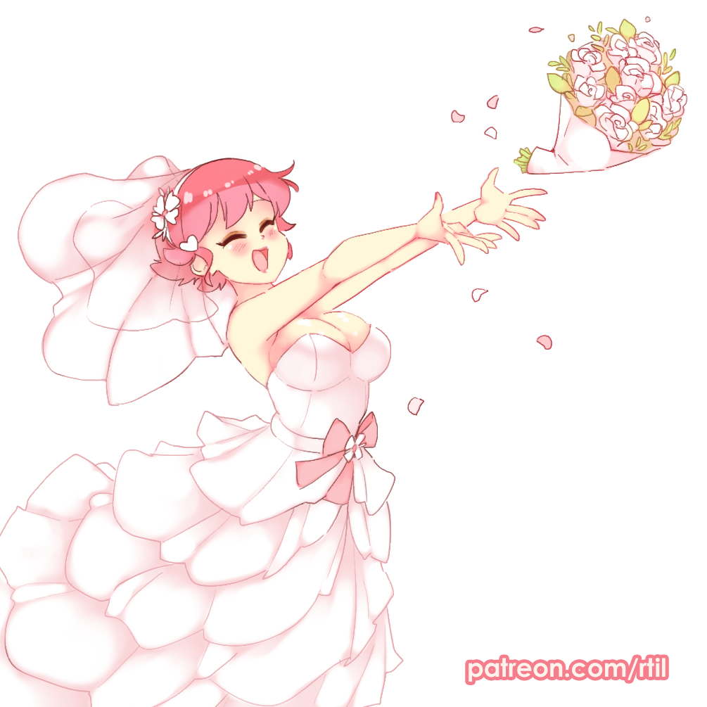 1girl :d ^_^ bare_arms bare_shoulders blush bouquet bouquet_toss breasts bridal_veil bride closed_eyes commentary dress english_commentary facing_away flower hair_ornament hairclip happy heart heart_hair_ornament katawa_shoujo large_breasts long_dress mikado_shiina open_mouth outstretched_arms patreon_username petals rtil short_hair simple_background smile solo strapless strapless_dress veil wedding_dress white_background white_dress
