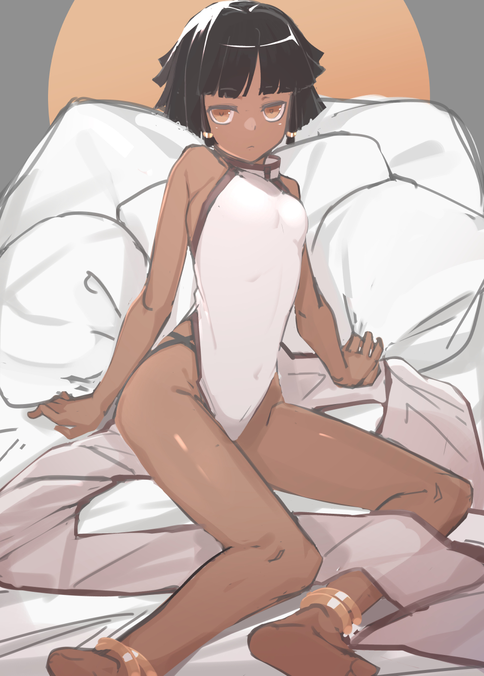 1girl anklet bangs bare_arms bare_shoulders barefoot bed black_hair blunt_bangs blunt_ends breasts brown_eyes character_request closed_mouth collar commentary_request copyright_request covered_navel dark-skinned_female dark_skin dress highres jewelry looking_at_viewer on_bed pelvic_curtain pillow short_hair side_slit sitting sketch sleeveless small_breasts soles solo toes tostos white_dress