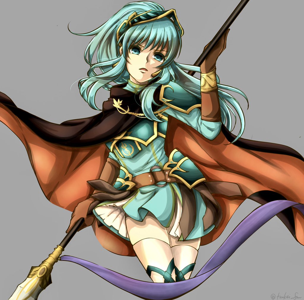 1girl aqua_eyes aqua_hair armor belt brown_gloves cape cosplay earrings eirika_(fire_emblem) ephraim_(fire_emblem) ephraim_(fire_emblem)_(cosplay) eyebrows_visible_through_hair fire_emblem fire_emblem:_the_sacred_stones fire_emblem_heroes gloves grey_background holding holding_lance holding_polearm holding_weapon jewelry lance long_hair looking_at_viewer open_mouth polearm polearm_behind_back ponytail shoulder_armor sidelocks skirt solo tankei_fm thigh-highs weapon