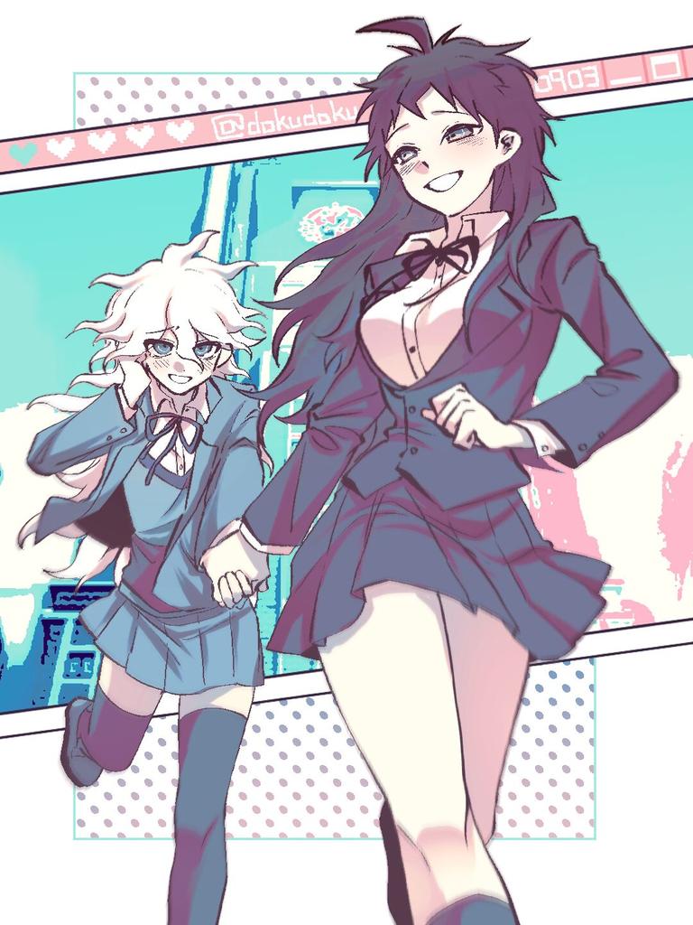 2girls ahoge bangs black_ribbon brown_eyes brown_hair brown_jacket danganronpa_(series) danganronpa_2:_goodbye_despair dokudokudoku dress_shirt genderswap genderswap_(mtf) grey_background grey_hair grin hair_between_eyes hand_in_hair hand_up heart heart_print hinata_hajime holding_hands jacket komaeda_nagito long_hair long_sleeves miniskirt multiple_girls neck_ribbon pleated_skirt polka_dot polka_dot_background ribbon shirt shoes skirt smile thigh-highs twitter_username white_shirt zettai_ryouiki