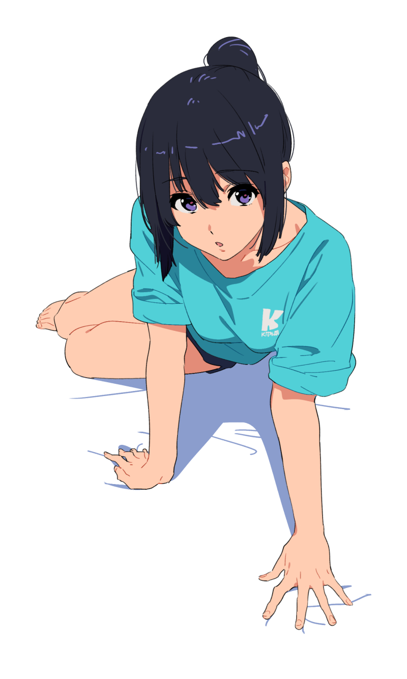 1girl arm_support black_hair blue_shirt breasts collarbone commentary_request dolphin_shorts eyebrows_visible_through_hair hair_between_eyes hair_bun hibike!_euphonium highres kamo_kamen kneeling kousaka_reina leaning_forward looking_at_viewer medium_breasts open_mouth shadow shirt shorts sidelocks simple_background solo violet_eyes white_background