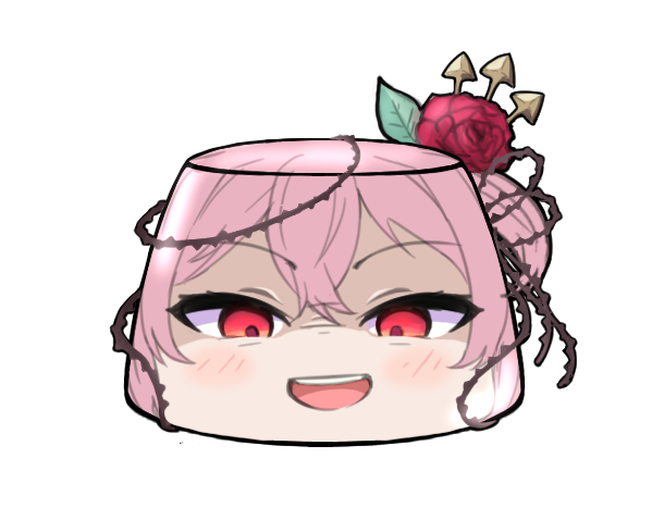 1girl :d evil_smile flower food foodification hair_flower hair_ornament looking_at_viewer nijisanji nijisanji_en open_mouth pink_hair plant psychooorb pudding red_flower red_rose rose rosemi_lovelock shaded_face simple_background smile solo thorns transparent_background vines virtual_youtuber
