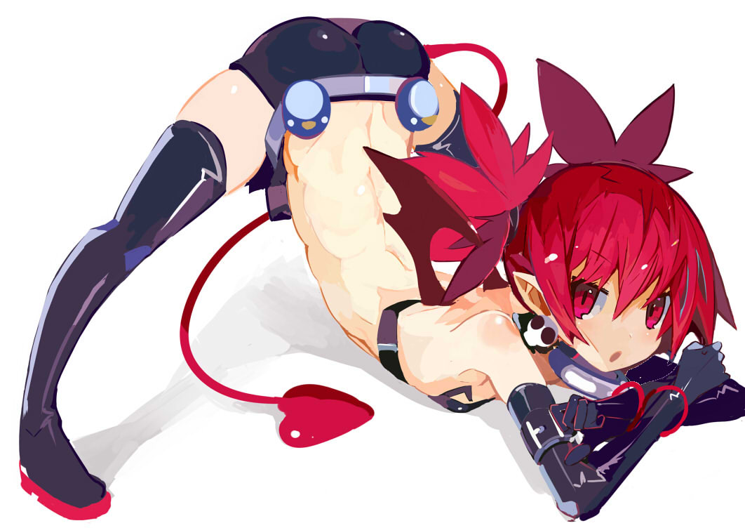 1girl arm_rest ass bat_wings boots demon_girl demon_tail demon_wings disgaea earrings etna flat_chest flexible full_body jack-o'_challenge jewelry meme mini_wings miyakawa106 pointy_ears pose red_eyes redhead short_shorts shorts simple_background skull_earrings solo spread_legs stretch tail thigh-highs thigh_boots top-down_bottom-up two_side_up wide_spread_legs wings