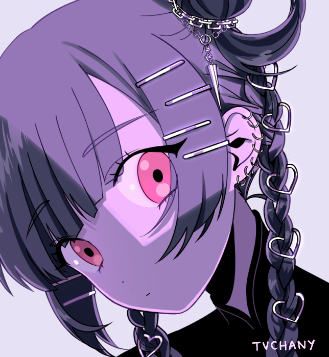 1girl artist_name bangs chain earrings expressionless eyebrows_visible_through_hair hair_ornament hairclip heart heart_hair_ornament jewelry looking_at_viewer myon_(tokipi) original portrait purple_theme red_eyes shadow simple_background solo white_background