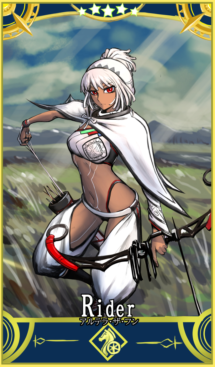 152_in_can 1girl altera_(fate) arrow_(projectile) bow_(weapon) cape card_(medium) card_parody dark-skinned_female dark_skin detached_sleeves fate/grand_order fate_(series) full-body_tattoo holding holding_arrow holding_bow_(weapon) holding_weapon looking_at_viewer quiver red_eyes servant_card_(fate/grand_order) short_hair single_sleeve star_(symbol) tattoo veil weapon white_hair