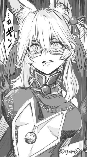 1girl animal_ear_fluff animal_ears bangs bell breasts center_opening china_dress chinese_clothes clenched_teeth double_bun dress fate/grand_order fate_(series) fox_ears fox_girl glasses greyscale hair_between_eyes jingle_bell koyanskaya_(fate) large_breasts long_hair looking_at_viewer monochrome sidelocks sleeveless sleeveless_dress solo tamamo_(fate) tassel teeth tyone under_boob
