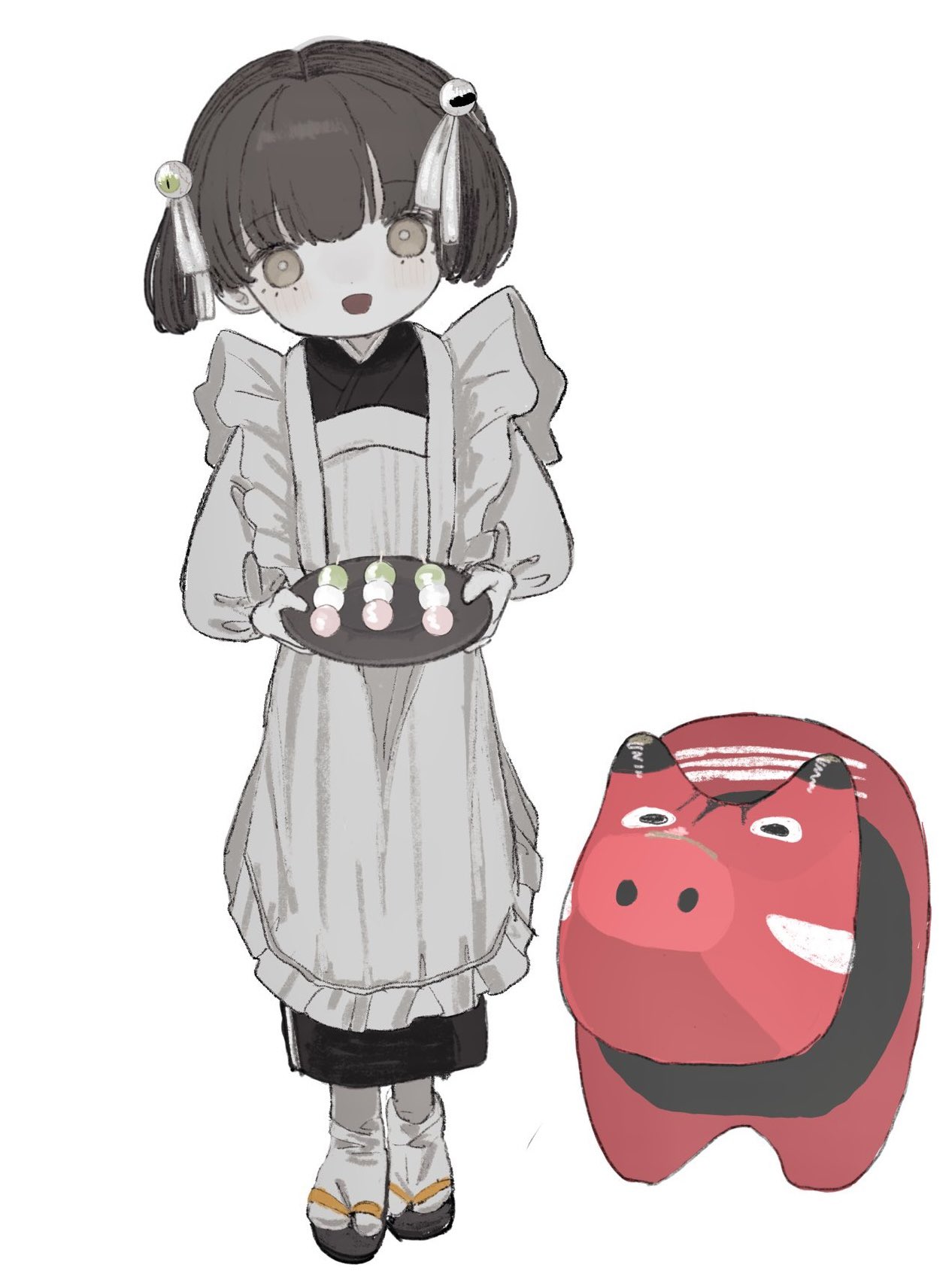1girl :d apron black_kimono brown_eyes brown_hair dango eyeball_hair_ornament food frilled_apron frills full_body highres holding holding_plate hougetsu_(moon_neetcat) japanese_clothes kimono long_sleeves looking_at_viewer open_mouth original plate puffy_long_sleeves puffy_sleeves ribbon sandals sanshoku_dango short_hair simple_background smile socks solo standing twintails wagashi white_apron white_background white_ribbon white_socks zouri