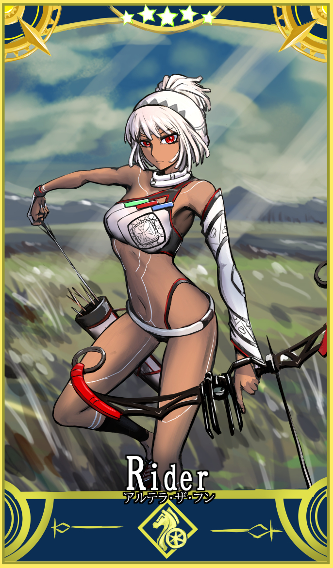 152_in_can 1girl altera_(fate) arrow_(projectile) bow_(weapon) card_(medium) card_parody dark-skinned_female dark_skin detached_sleeves fate/grand_order fate_(series) full-body_tattoo holding holding_arrow holding_bow_(weapon) holding_weapon looking_at_viewer quiver red_eyes servant_card_(fate/grand_order) short_hair single_sleeve star_(symbol) tattoo veil weapon white_hair