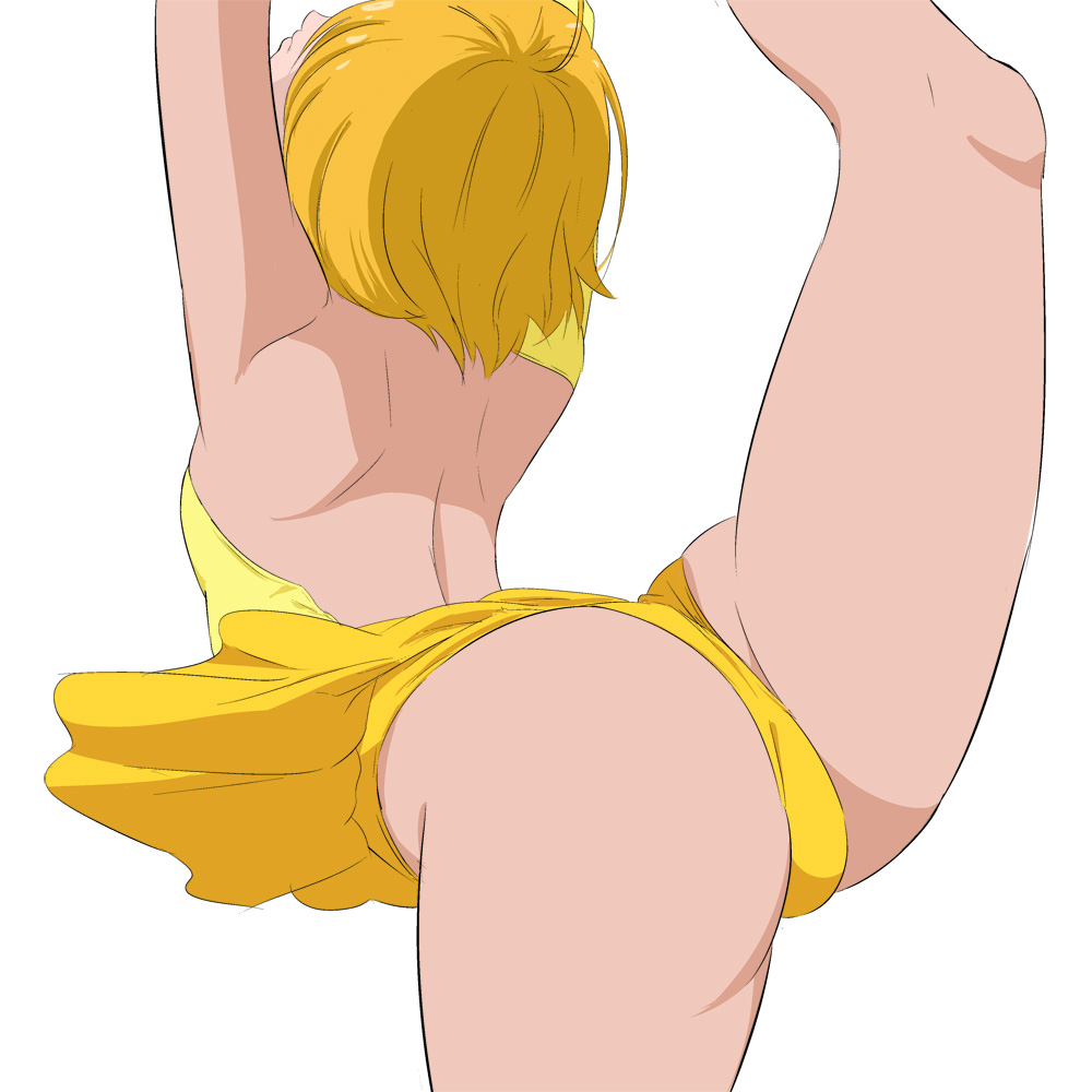 1girl ahoge arms_up ass back backless_outfit blonde_hair dress figure_skating_dress from_behind fuchi_(nightmare) hugtto!_precure kagayaki_homare leg_up precure short_hair shoulder_blades simple_background solo standing standing_on_one_leg white_background yellow_dress