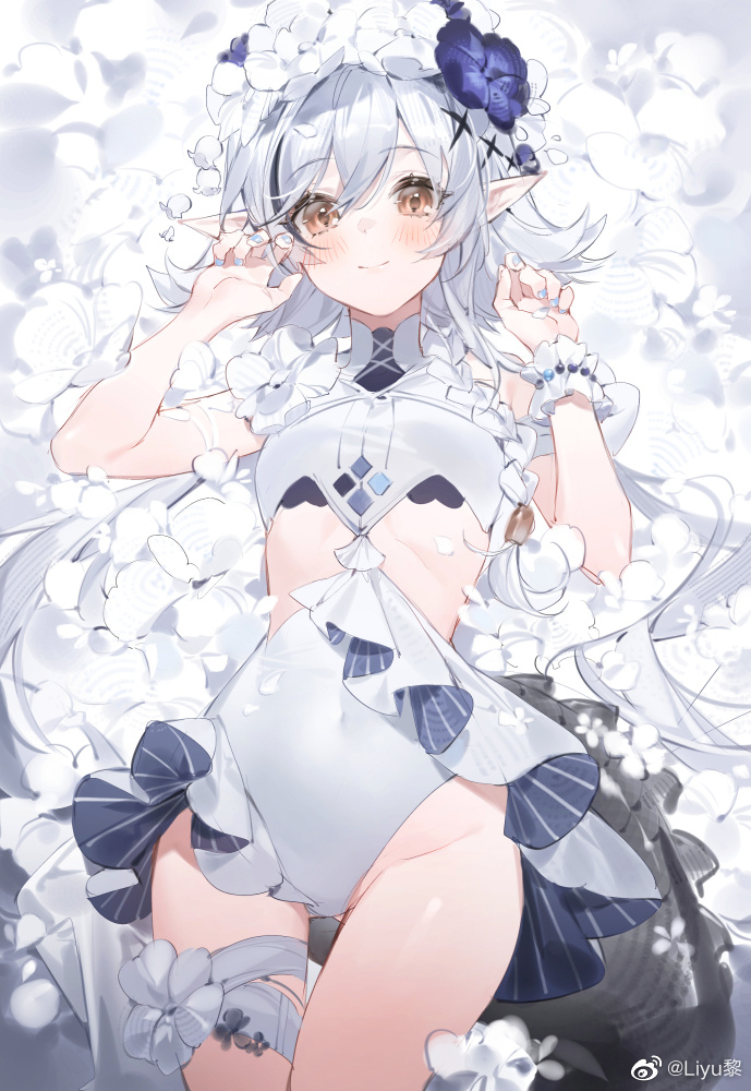 1girl arknights bare_shoulders blush breasts commentary covered_navel cowboy_shot crocodilian_tail eyebrows_visible_through_hair flower flower_wreath hair_between_eyes hair_flower hair_ornament head_wreath liyu_li long_hair looking_at_viewer nail_polish official_alternate_costume pointy_ears silver_hair small_breasts smile solo swimsuit symbol-only_commentary tail thigh_strap thighs tomimi_(arknights) tomimi_(silent_night)_(arknights) weibo_username white_flower white_hair white_swimsuit yellow_eyes