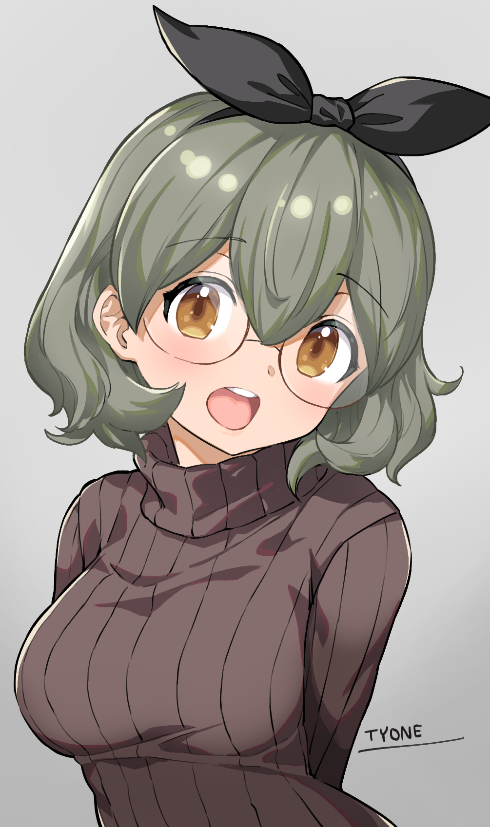 1girl aikawa_mawari artist_name bangs black_ribbon blush breasts brown_eyes brown_sweater eyebrows_visible_through_hair glasses green_hair grey_background hair_between_eyes hair_ribbon highres looking_at_viewer medium_breasts nazo_no_lililith open_mouth ribbed_sweater ribbon simple_background solo sweater turtleneck turtleneck_sweater tyone upper_body upper_teeth