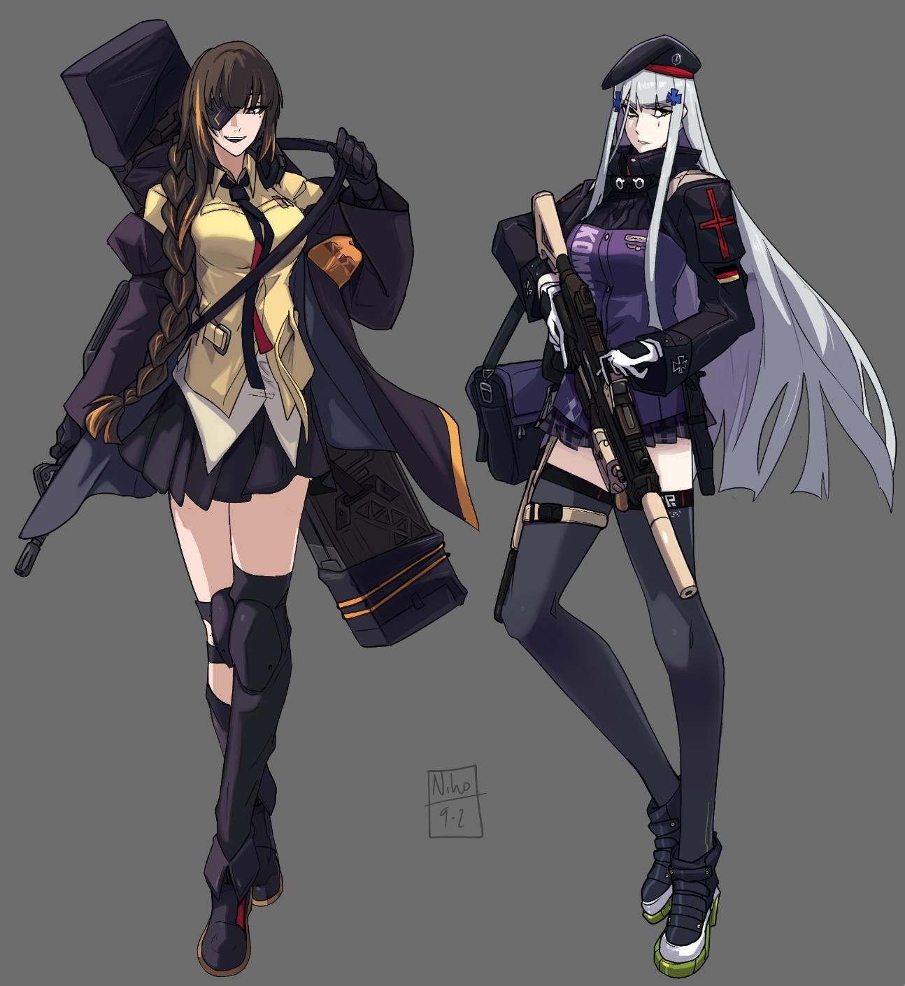 2girls assault_rifle bag beret black_gloves boots braid braided_ponytail brown_hair case collared_shirt eyebrows_visible_through_hair eyepatch facial_mark full_body girls_frontline gloves green_eyes gun gun_case h&amp;k_hk416 hair_ornament hairclip hat high_heel_boots high_heels highres hime_cut hk416_(girls_frontline) holding holding_gun holding_weapon jacket kamuify knee_brace knee_pads long_hair looking_at_viewer m16a1 m16a1_(girls_frontline) mole mole_under_eye multicolored multicolored_clothes multicolored_hair multicolored_jacket multiple_girls necktie particle_cannon_case pleated_skirt rifle scar scar_across_eye shirt shoulder_bag shoulder_strap silver_hair skirt strap_pull streaked_hair thigh-highs two-tone_jacket weapon white_gloves zettai_ryouiki