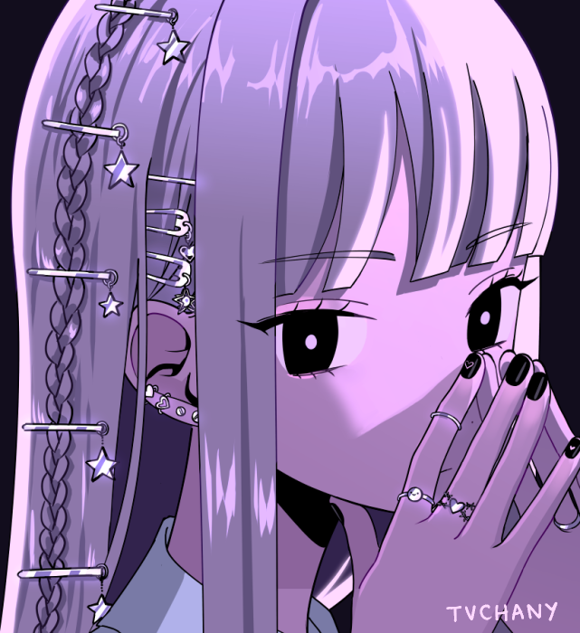 1girl black_background black_eyes black_nails braid bright_pupils ear_piercing earrings eyebrows_visible_through_hair grey_hair hair_ornament hairclip jewelry long_hair looking_at_viewer myon_(tokipi) original piercing portrait purple_theme ring simple_background solo star_(symbol) white_pupils