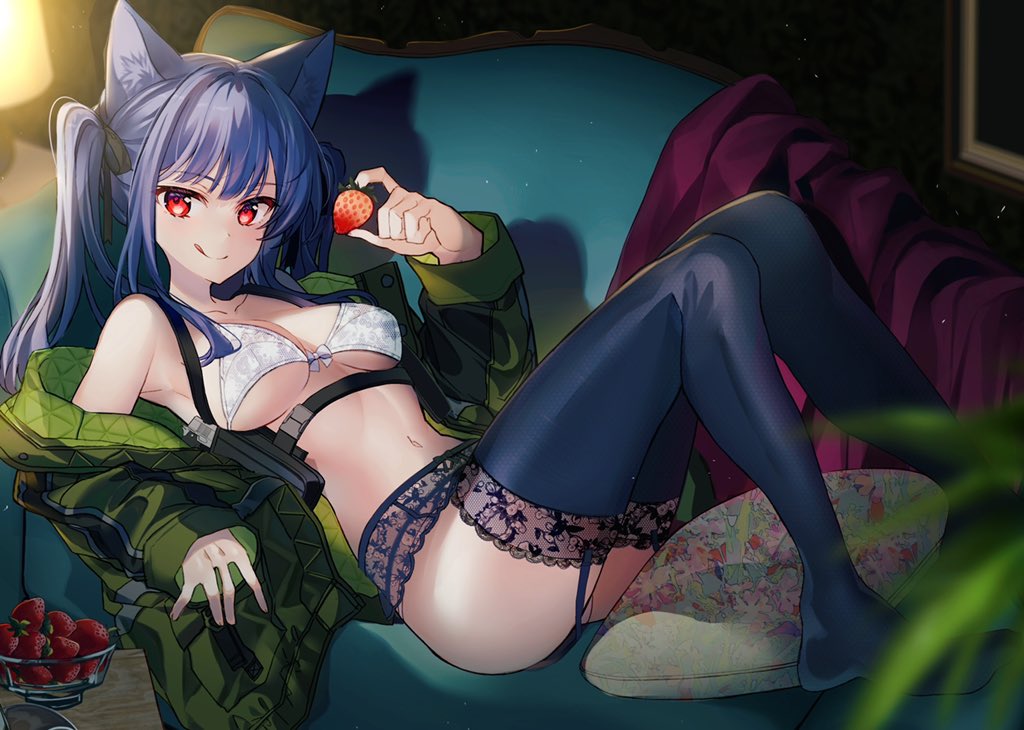 1girl :q animal_ears armpits ass bare_shoulders belt black_hair black_legwear bra breasts cat_ears closed_mouth food front-tie_bra front-tie_top fruit garter_belt green_jacket hair_ribbon holding jacket kawachi_rin knees_up lingerie long_hair looking_at_viewer lying medium_breasts navel no_shoes off_shoulder on_back original reclining red_eyes ribbon smile solo stomach strawberry thigh-highs tongue tongue_out twintails underwear underwear_only white_bra
