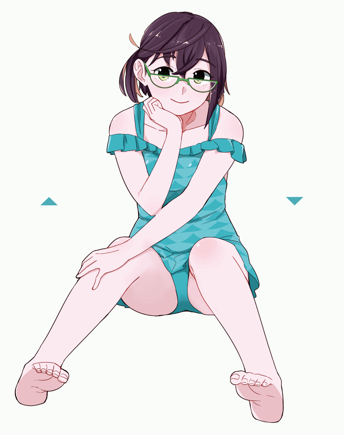 1girl bangs barefoot blue_swimsuit crossed_bangs eyebrows_visible_through_hair feet glasses green-framed_eyewear green_eyes grey_background hair_between_eyes head_rest kantai_collection looking_at_viewer multicolored_hair ojipon okinami_(kancolle) one-piece_swimsuit pink_hair purple_hair simple_background sitting smile solo swimsuit