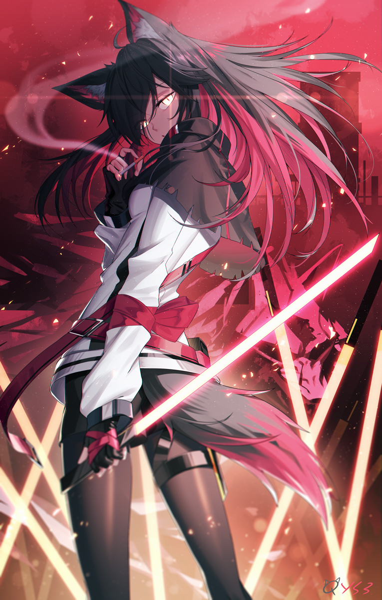 1girl animal_ear_fluff animal_ears arknights bangs belt black_capelet black_gloves black_hair capelet cigarette feet_out_of_frame fingerless_gloves gloves glowing glowing_eyes hair_between_eyes highres holding holding_cigarette holding_sword holding_weapon holster jacket long_hair long_sleeves looking_at_viewer looking_back multicolored_hair pantyhose qys3 red_belt redhead smoking solo sword tail texas_(arknights) thigh_holster two-tone_hair weapon white_jacket wolf_ears wolf_tail yellow_eyes