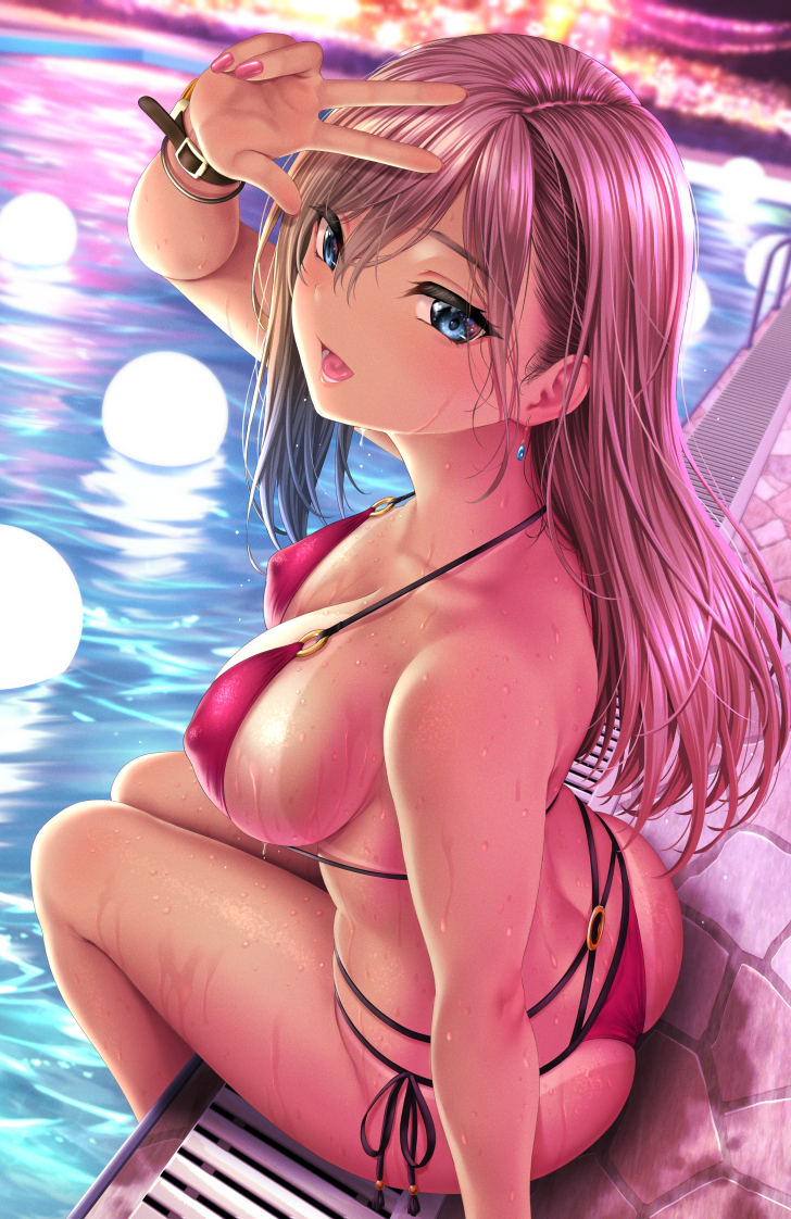1girl :d arm_up ass bangs bare_shoulders bikini bikini_tan blue_eyes breasts brown_hair commentary_request covered_nipples earrings eyebrows_visible_through_hair gyaru hair_between_eyes halter_top halterneck jewelry kase_daiki large_breasts long_hair looking_at_viewer looking_to_the_side nail_polish open_mouth original outdoors pink_nails pool poolside red_bikini revision side-tie_bikini sitting smile solo string_bikini swimsuit tan tanlines v watch watch water wet