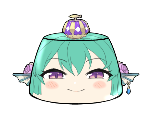 1girl blush closed_mouth crown earrings finana_ryugu flower food foodification hair_flower hair_ornament head_fins jewelry looking_at_viewer nijisanji nijisanji_en psychooorb pudding simple_background smile solo transparent_background violet_eyes virtual_youtuber