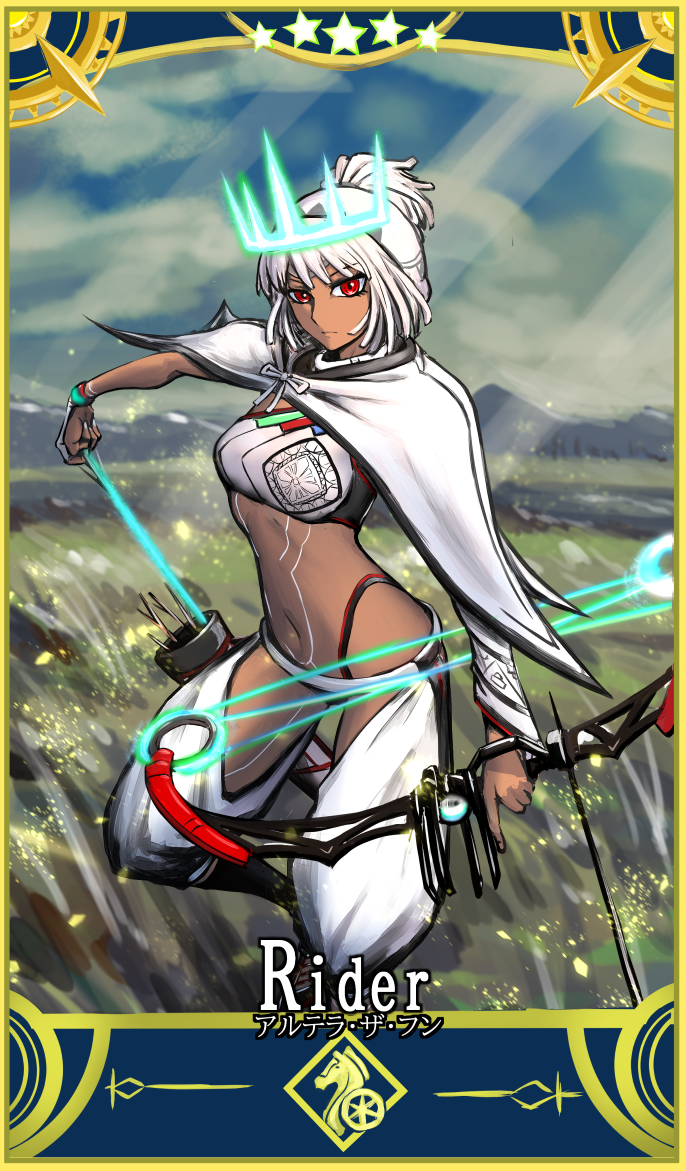 152_in_can 1girl altera_(fate) arrow_(projectile) bow_(weapon) card_(medium) card_parody crown dark-skinned_female dark_skin detached_sleeves fate/grand_order fate_(series) full-body_tattoo holding holding_arrow holding_bow_(weapon) holding_weapon looking_at_viewer quiver red_eyes servant_card_(fate/grand_order) short_hair single_sleeve star_(symbol) tattoo veil weapon white_hair