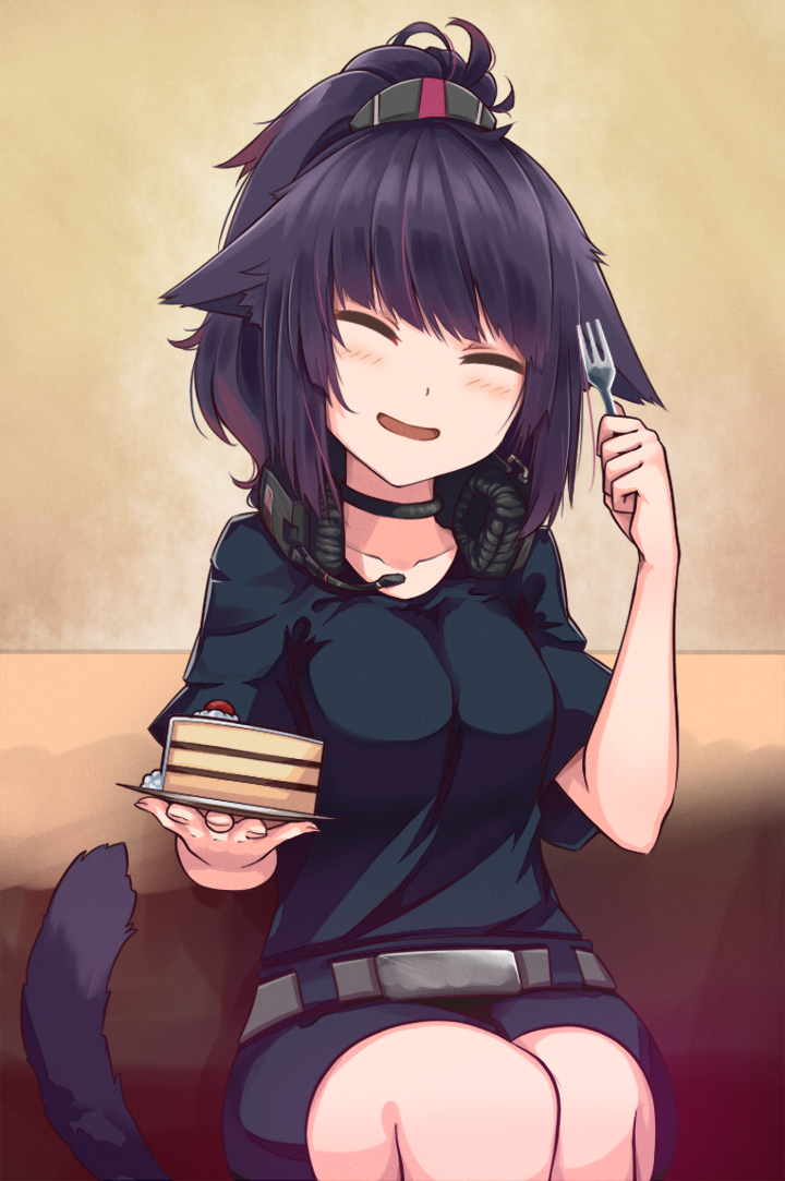 1girl animal_ears arknights belt black_hair black_shirt black_shorts cake cake_slice cat_ears cat_girl cat_tail closed_eyes english_commentary food fork headphones headphones_around_neck high_ponytail holding holding_fork holding_plate jessica_(arknights) medium_hair nisoxx plate shirt short_hair short_shorts short_sleeves shorts sitting smile solo tail