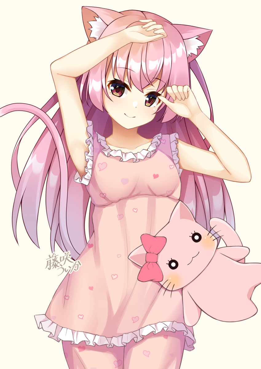 1girl animal_ear_fluff animal_ears arm_up bangs blush bow breasts brown_background brown_eyes cat_ears cat_girl cat_tail closed_mouth collarbone commentary_request copyright_request eyebrows_visible_through_hair frilled_shirt frills heart heart_print highres long_hair looking_at_viewer pajamas pants pink_hair pink_pajamas pink_pants pink_shirt print_pajamas print_pants print_shirt red_bow shirt signature simple_background sleeveless sleeveless_shirt small_breasts smile solo stuffed_animal stuffed_cat stuffed_toy tail tail_raised very_long_hair virtual_youtuber win_opz