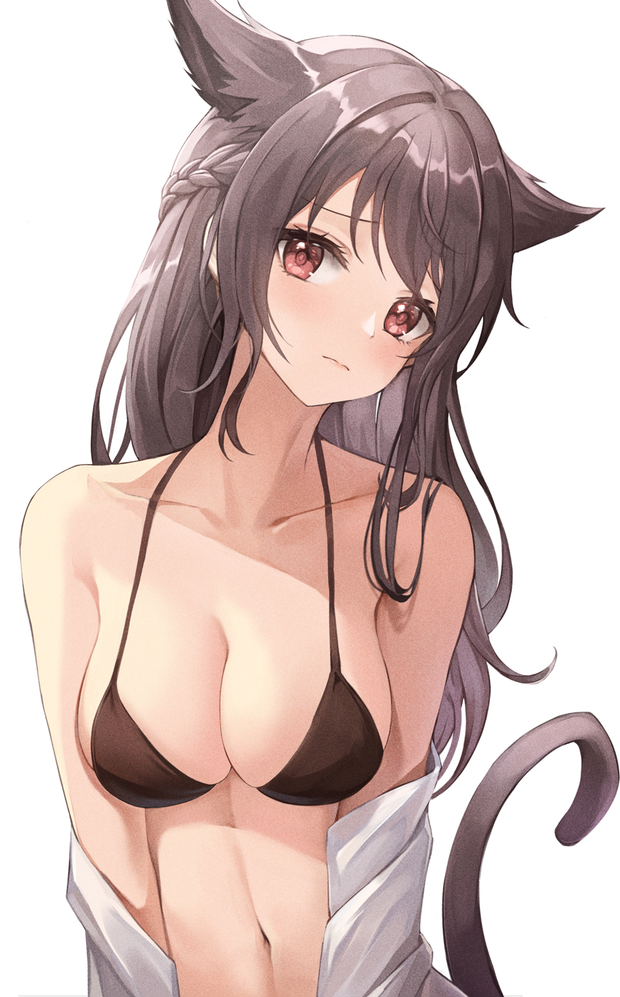 1girl animal_ears bikini black_bikini braid breasts cat_ears cat_tail closed_mouth collarbone copyright_request highres lips looking_at_viewer lunacle medium_breasts navel red_eyes simple_background solo swimsuit tail white_background