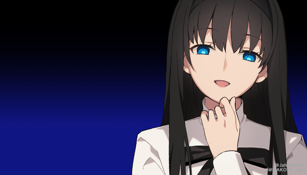 1girl bangs black_background black_hair black_headband black_neckwear black_ribbon blue_background blue_eyes empty_eyes eyebrows_visible_through_hair gradient gradient_background hair_between_eyes hand_on_own_chin headband kaguya-sama_wa_kokurasetai_~tensai-tachi_no_renai_zunousen~ lips long_hair long_sleeves looking_at_viewer mizuki_makoto neck_ribbon okawaii_koto open_mouth parody pink_lips ribbon shirt solo tohno_akiha tsukihime tsukihime_(remake) twitter_username two-tone_background upper_body white_shirt