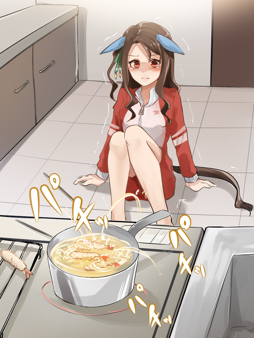 1girl animal_ears bow brown_hair cooking_oil counter ear_covers ears_down fallen_down food hair_bow horse_ears horse_girl horse_tail jacket kakuteru_sudachi king_halo_(umamusume) knees_together_feet_apart knees_up long_hair pot red_eyes sitting solo stove tail tearing_up tempura tile_floor tiles track_jacket trembling umamusume