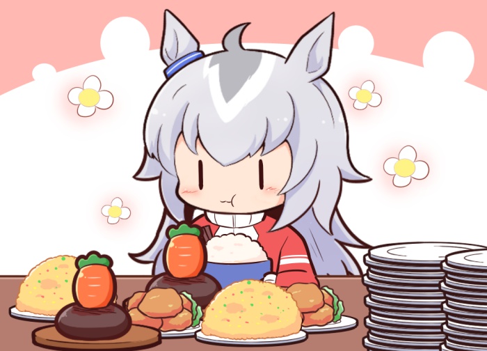 1girl :t animal_ears carrot croquette eating flower food fried_rice gomashio_(goma_feet) grey_hair hamburger_steak horse_ears horse_girl long_hair multicolored_hair oguri_cap_(umamusume) plate plate_stack red_track_suit silver_hair solo track_suit turtleneck umamusume white_hair