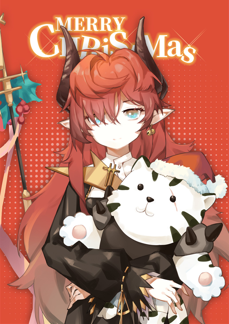 1girl arknights bell bell_earrings black_dress black_horns blue_eyes chinese_commentary closed_mouth commentary_request domma_(arknights) dotted_background dress earrings hair_over_one_eye holding holding_stuffed_toy horns jewelry light_smile long_hair long_sleeves looking_at_viewer merry_christmas mountain_(arknights) pointy_ears red_background redhead sleeves_past_wrists sokimi_(sosojovan) solo sparkle staff stuffed_animal stuffed_tiger stuffed_toy upper_body