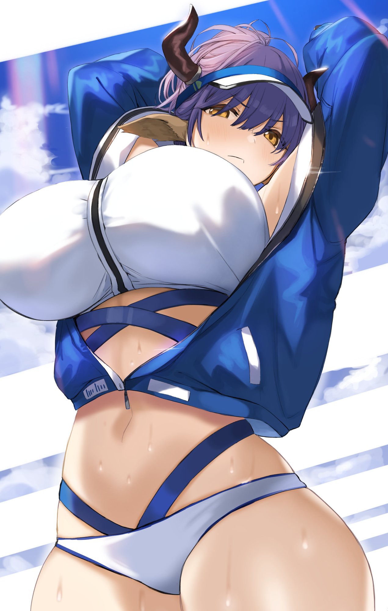 1girl animal_ears arknights arms_up bangs bikini bikini_under_clothes blue_jacket breasts brown_eyes cow_ears cow_girl cow_horns ganesagi highres horns jacket large_breasts long_sleeves looking_at_viewer looking_down navel official_alternate_costume purple_hair short_hair sideroca_(arknights) sideroca_(light_breeze)_(arknights) solo swimsuit visor_cap white_bikini