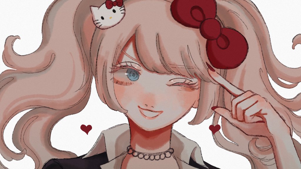 1girl black_choker blonde_hair blue_eyes bow cat_hair_ornament cfbs1vykihkwxbw choker dangan_ronpa:_trigger_happy_havoc dangan_ronpa_(series) enoshima_junko hair_bow hair_ornament hand_up heart index_finger_raised long_hair looking_at_viewer necktie one_eye_closed portrait red_bow red_nails smile solo teeth twintails