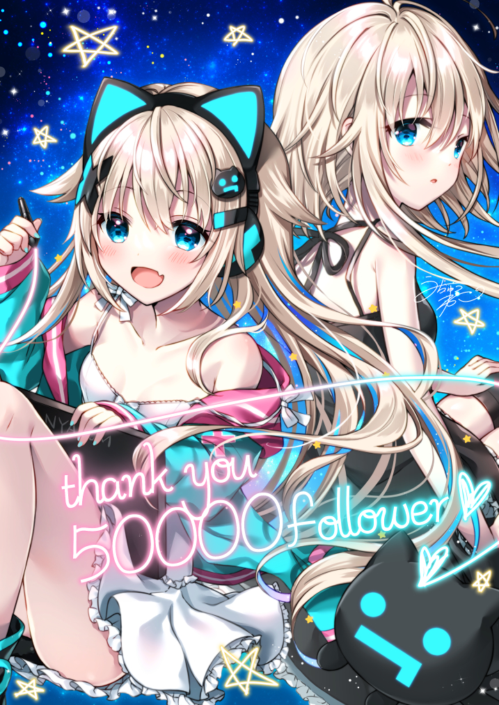 2girls :d :o animal_ears bare_arms bare_shoulders black_dress blonde_hair blue_eyes blue_jacket cat_ear_headphones cat_ears commentary_request drawing_tablet dress fake_animal_ears fang frilled_dress frills glowing hair_ornament hairclip hand_up headphones holding holding_stylus indie_virtual_youtuber jacket long_hair milestone_celebration multiple_girls off_shoulder open_clothes open_jacket open_mouth original parted_lips pleated_dress sleeveless sleeveless_dress smile star_(symbol) strap_slip stylus thank_you tia-chan uchuuneko uchuuneko_(vtuber) very_long_hair white_dress
