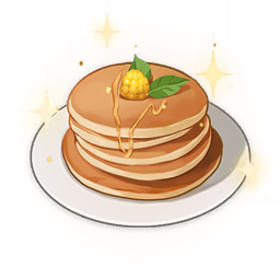 artist_request berry commentary dessert english_commentary food food_focus genshin_impact leaf lowres mint no_humans official_art pancake plate sparkle still_life third-party_source transparent_background