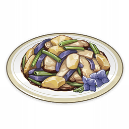 artist_request commentary english_commentary flower food food_focus genshin_impact lowres mushroom muted_color no_humans official_art plate potato purple_flower spring_onion still_life third-party_source transparent_background
